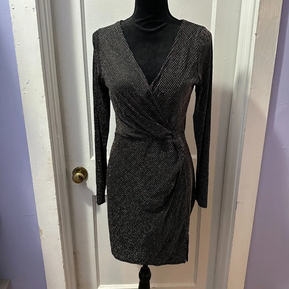 ROW A Black Metallic Stripped Long Sleeve Dress in L NWT
